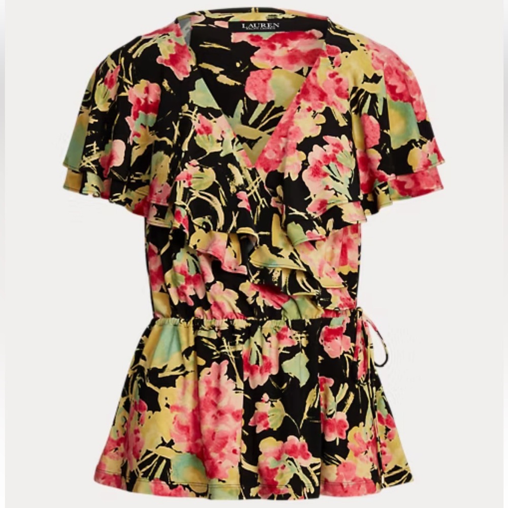 Lauren Ralph Lauren Floral Ruffle-Trim Surplice Jersey Top Size Petite XS - Picture 4 of 13